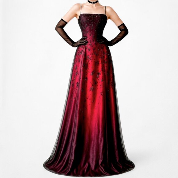 Vintage Burgundy Red Floral Beaded Ombre Mesh Satin Fit Flared Maxi Prom Dress L - Picture 1 of 7